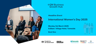 Image for the International Women's Day event, shows a photo of last year's panel with the GM BGH logo, text Headline event: International Women's Day 2025, Monday 3rd March, 9.30 am Village Hotel, Tameside